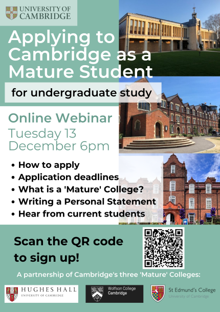 Applying to Cambridge as a Mature Student for undergraduate study. Online Webinar Tuesday 13 December 6pm.