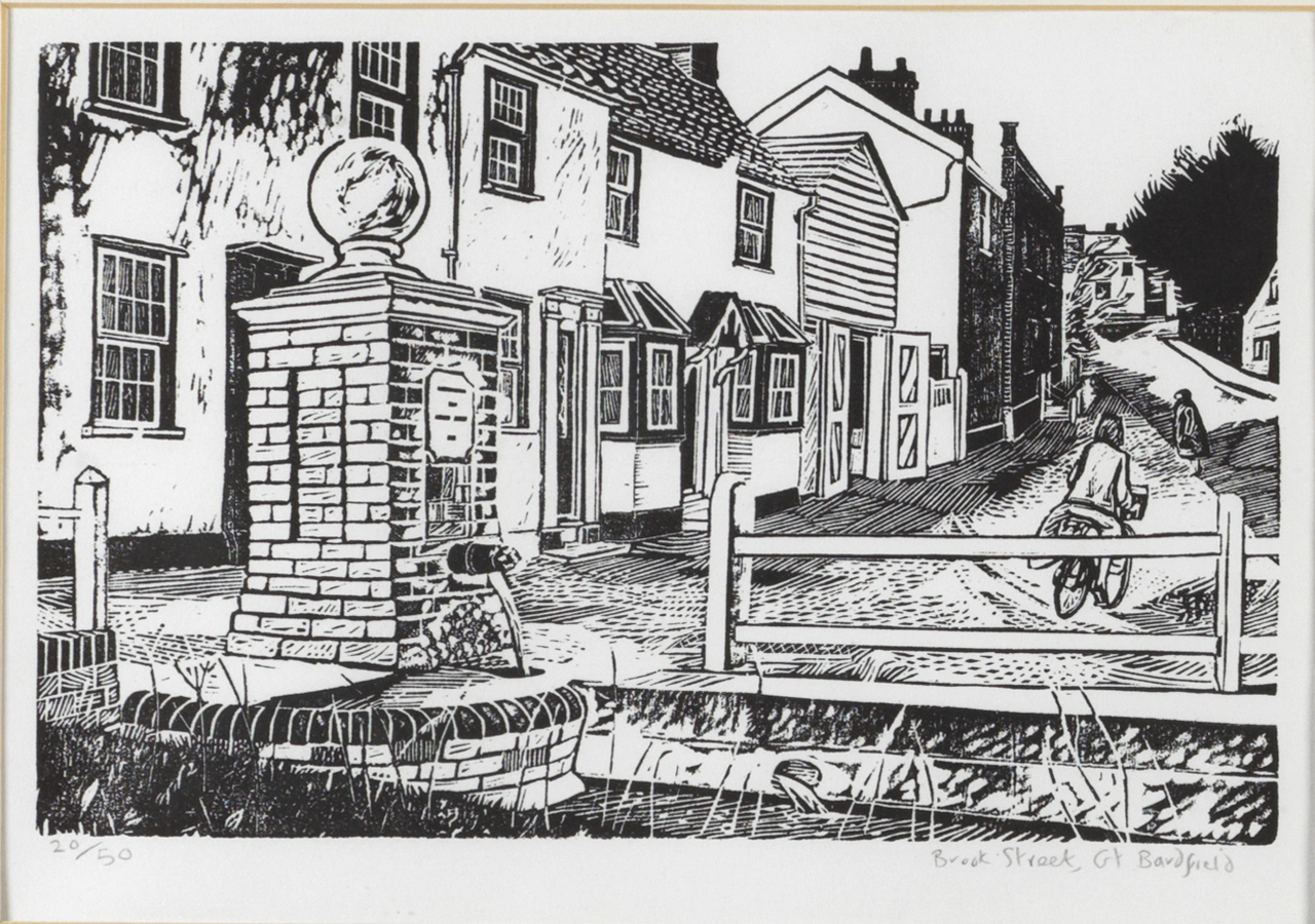 Sheila Robinson, Brook Street, Great Bardfield, Woodcut, 1966 © The estate of the artist