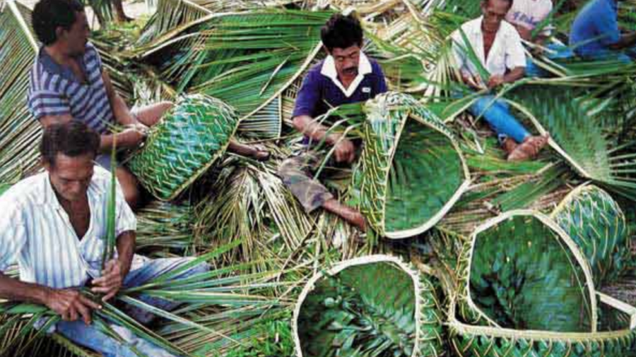 workers with palm fronds making baskets