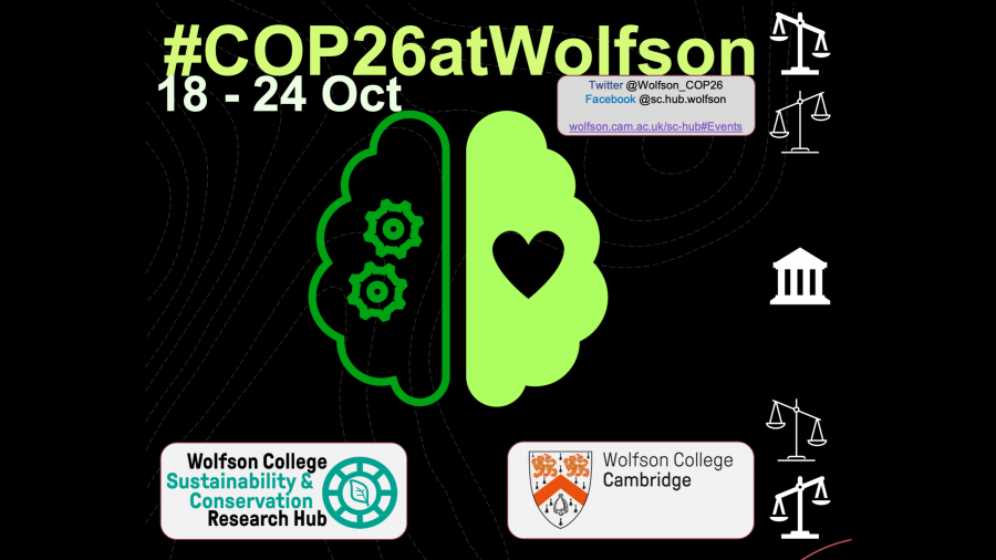 #COP26 at Wolfson advert with logos for Wolfson College and it's Sustainability and Conservation Hub