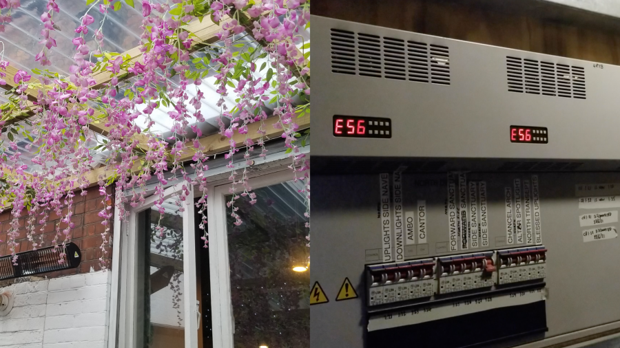 Left hand side - single glazed cafe terrace with wall heater and plastic plants all from China with unlit LED lights. Right hand side - lighting dimmer controls in fault but obsolete within 15 years of installation