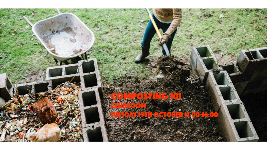 A picture of someone turning compost, with text advertising the date, time and venue of this event