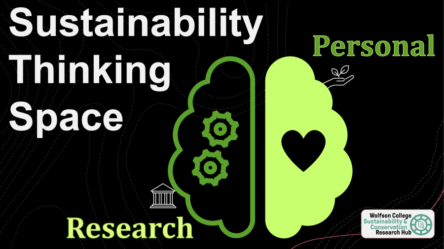 A poster of Wolfson Sustainability Thinking Space Research and Personal. A brain with heart and cogs in different shades of green surrounded by white text with icons showing hands and a building