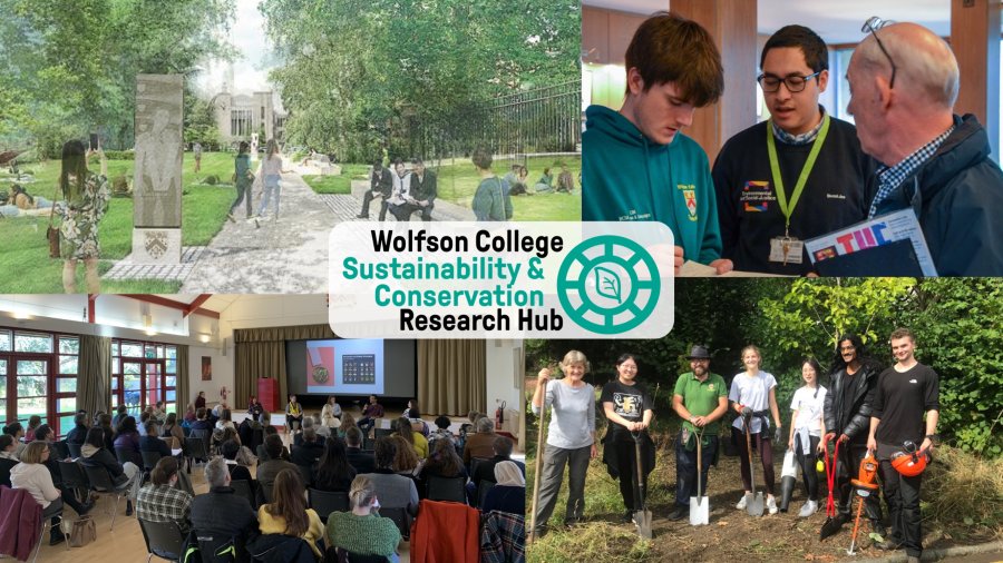 Four photos with the words Wolfson College Sustainability and Conservation Hub shown in the middle. Top left picture is of a walkable green Wolfson campus ambition drawing. Top right of three people pouring over notes. Bottom right of gardening volunteers facing the camera after a hard days digging. Bottom left shows an panel event with a packed room.