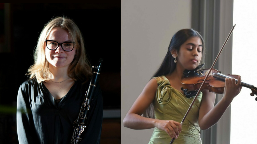 Two images side by side: on the left, a woman holding a clarinet smiles at the camera; on the right, a woman dressed in green plays the violin intently.