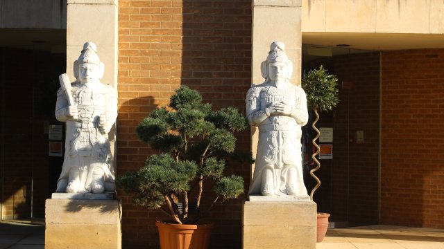 The stone guardians outside the Lee Library