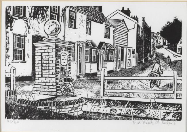 Sheila Robinson, Brook Street, Great Bardfield, 1966, Woodcut © The estate of the artist.