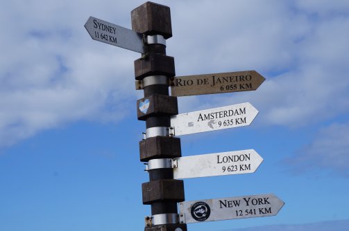Sign showing distances to differentcities round the world