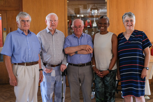 Wolfson presidents past and present celebrate with Professor John Naughton at his retirement celebration