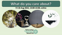 What do you care about? Wolfson Sustainability and Conversation Hub event 26 Aug 2022. Various trees and an hour glass denote nature is running out of time