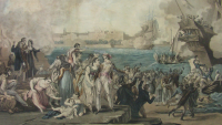 Painting of people on a harbour in the 1820s