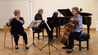 Three musicians playing flute, piano and cello