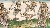 Three skeletons depicted in a dance-like pose on a grassy field, from a historic illustration.
