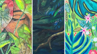 A triptych of three plant-themed paintings: the left shows large leaves, the center features a dark forest scene, and the right depicts vibrant, stylized foliage and flowers.