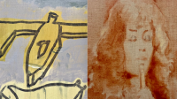 Abstract painting featuring a simplified yellow outlined figure beside a faint sepia-toned face rendered on textured canvas.